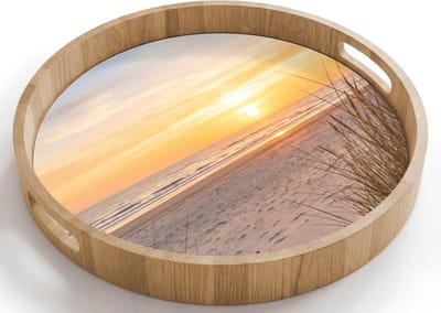Dienblad rond 40x40 cm - Schootdienblad hout - Zonsondergang - Duinen - Zee - Borrelplank rechthoek - Plateau houten dienbladen