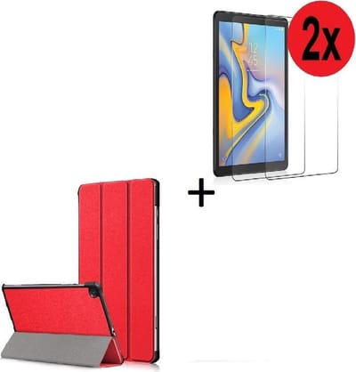 Geschikt voor Samsung Galaxy Tab S6 Lite (P610) hoes Tri fold book case hoesje Back Cover met stand Rood + 2x Tempered Gehard Glas / Glazen screenprotector Pearlycase