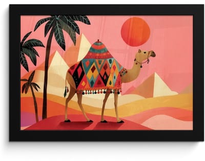 Poster in lijst - Fotolijst 30x20 cm - Posters - Kameel - Pyramides - Rode zon - Posterlijst zwart - Decoratie - Wanddecoratie woonkamer - Muurdecoratie slaapkamer
