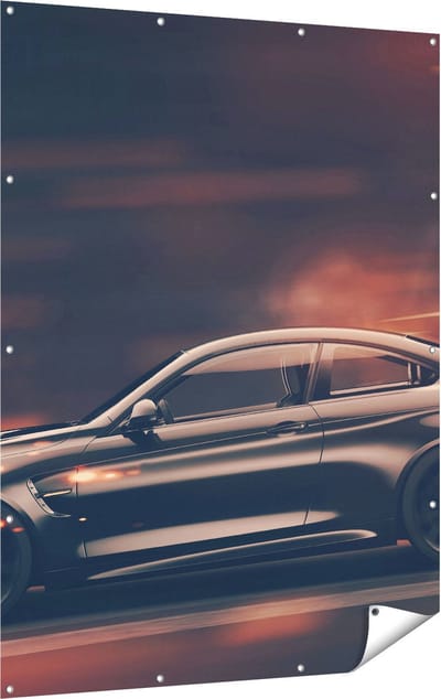 Gards Tuinposter Zwarte Sportwagen Auto met Vlammen - 120x160 cm - Tuindoek - Tuindecoratie - Wanddecoratie buiten - Tuinschilderij