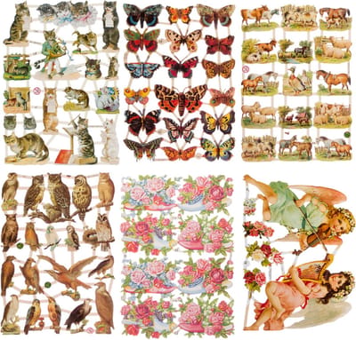 Poëzieplaatjes - 6 vellen - plaatjes - hobby - creatief - decoupage - knutselen - scrapboek met katten - vlinders - boerderijdieren - uilen - bloemen - engelen