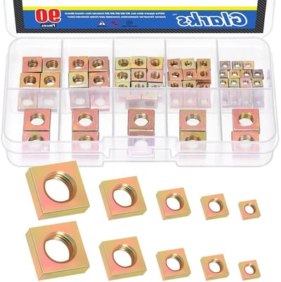 90-delige set vierkante moeren van koolstofstaal, M3 tot M8, gele zinkcoating, assortiment voor machinebouw en schroefverbindingen