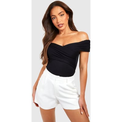 boohoo Dames Hoge Bardot Bodysuit met Gerafelde Details | Zwart | Maat: 42