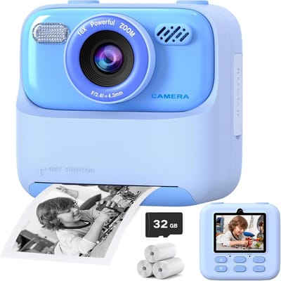 QTTVBTNA - Kinder Instant Print Camera - met 32GB geheugenkaart - Direct Print - Creatieve Kinder Camera - Foto & Video - Cadeau voor Jongens en Meisjes - Blauw - 1 Stuk