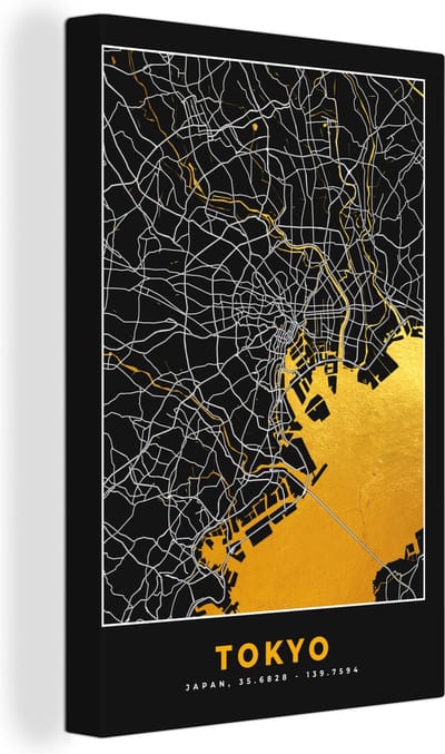 Canvas Schilderij Tokyo - Stadskaart - Goud - Plattegrond - Kaart - 20x30 cm - Wanddecoratie