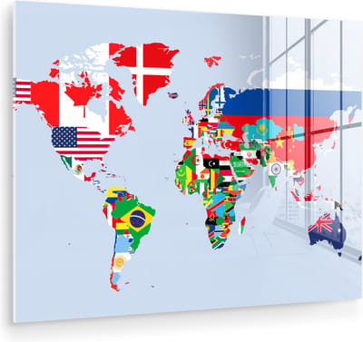 MuchoWow® Glasschilderij 120x90 cm - Schilderij acrylglas - Wereld - Kaart - Vlag - Landen - Foto op glas - Muurdecoratie woonkamer - Wanddecoratie slaapkamer - Schilderijen