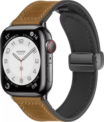 Strap-it PU lederen bandje met magnetische D-buckle sluiting - geschikt voor Apple WatchSeries 1/2/3/4/5/6/7/8/9/10/11/SE/SE2/SE3/Ultra (2/3) - Bandje PU leer voor iWatch maat: 44mm / 45mm / 46mm / 49mm - lichtbruin
