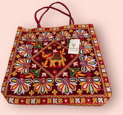 Schoudertas - Vedantan - Damesschoudertas - 40 x 40 cm - Katoen - Kleurrijk borduurwerk - Etnisch Cadeau - Kerst - Feest - WeekendTas - Shopper - Reistas - Tote bag -Draagtas - Ritssluiting