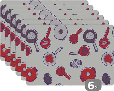Placemat - Placemats kunststof - Patroon - Koken - Pan - Eten - 45x30 cm - 6 stuks - Hittebestendig - Anti-Slip - Onderlegger - Afneembaar