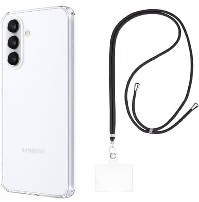 Set met hoesje en nekband voor Samsung Galaxy A57 5G - Flexibele, transparante TPU-bescherming, verstelbare universele nekband voor mobiele telefoons, zwarte nekband, transparante draagriem van Phonillico®