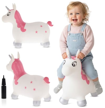 sun baby - Springdier met pomp vanaaf 1 jaar - Eenhoorn - wit - max 50kg, duurzaam rubber, gecertificeerd, bpa-vrij, springpaard, springhond