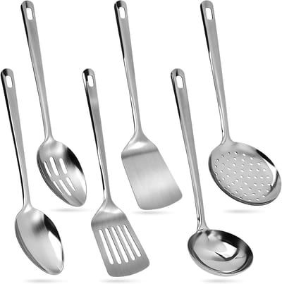 Set van 6 Keukenhulpmiddelen, RVS Spatel en Lepel, Vaatwasmachinebestendig, Kookgerei, Antiaanbak, Hittebestendig, Essentiële Keukenaccessoires