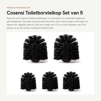 Dailygoods- Toiletborstelkop Set van 5 - Kunststof - Ø 8 cm - Hoogte 10 cm - Binnenschroefdraad 12 mm - Zwart - Toiletborstel