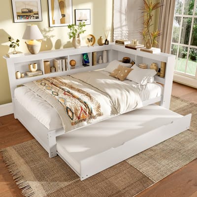 DESMIU Bedbank 140 x 200 cm – Uitrekbaar Slaapbed met Stopcontact en 2 USB-poorten – Opberglades en Bovenvak – Voor Slaapkamer – Wit – Zonder matras