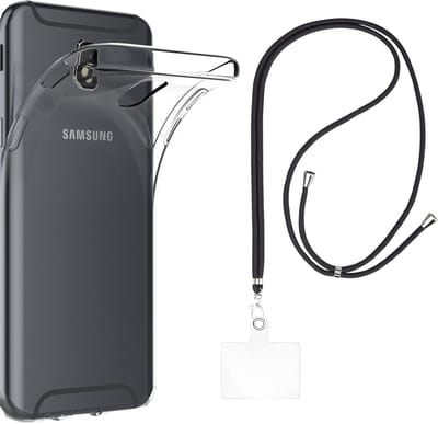 Set met hoesje en nekband voor Samsung Galaxy j7 2017 - Flexibele, transparante TPU-bescherming, verstelbare universele nekband voor mobiele telefoons, zwarte nekband, transparante draagriem van Phonillico®