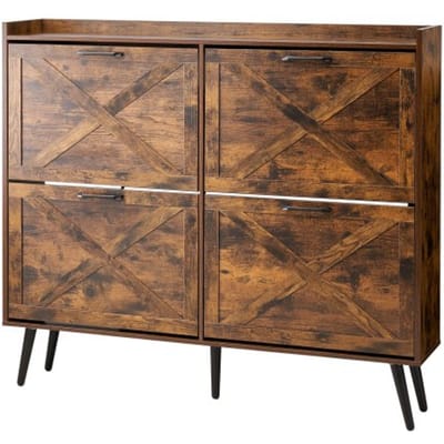 VEVOR schoenenkast met 4 deuren en kantelbeveiliging, ruimtebesparende schoenenkieper, vrijstaande schoenenrek-organizer voor entree, hal, woonkamer, veranda, vintage schoenenrek 120 x 24 x 105 cm bruin