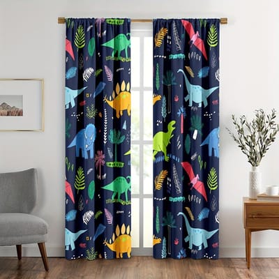 2 stuks Kinderjongens Raamgordijn, Leuke Dinosaurus Design Print Raamgordijn voor Jongens Kinderen, Kinderkamer Decor, Raambekleding 150x166cm black
