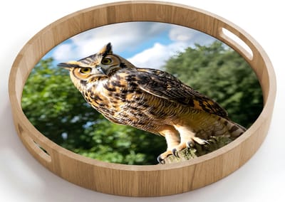 Dienblad rond 40x40 cm - Schootdienblad hout - Uil - Boomstronk - Bos - Lucht - Borrelplank rechthoek - Plateau houten dienbladen