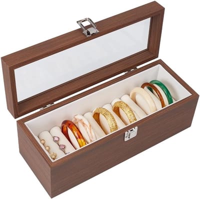 Opbergdoos voor houten ringen en armbanden met fluwelen binnenkant, 12 sleuven, zichtbare deksel, sieradenopslag 32,5 x 12 x 12 cm