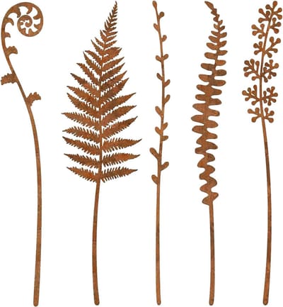 Tuinstekers Set - Plant Stekers - Tuin Decoratie - Handgesmeed Blad Detail - 36 cm - Roestbruin