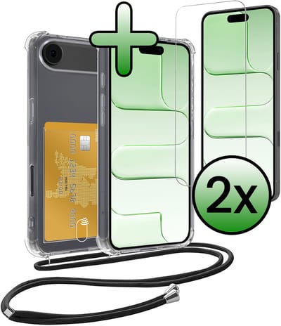 Hoes Geschikt voor iPhone Air Hoesje Pas Houder Shock Proof Case Hoes Met Koord Met 2x Screenprotector - Hoesje Geschikt voor iPhone Air Hoes Met Telefoonkoord Pasjeshouder Cover - Transparant