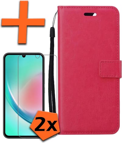 Hoes - Met 2x Screenprotector - Geschikt voor Samsung Galaxy A34 - Luxe Pasjeshouder - Bookcase Portemonee - Flip Case - Kunstleer Book Case - Flipcase Hoes - Book Cover - Walletcase - PortemonneeHoes - Donkerroze
