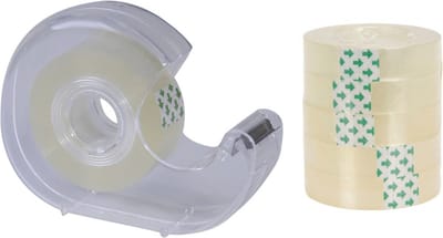 1x Plakband houders transparant met 6x plakband rolletjes - Kantoorartikelen - Schoolartikelen - Hobby benodigdheden - Plakbandrollers - Plakbandhouders - Plakband handdispensers