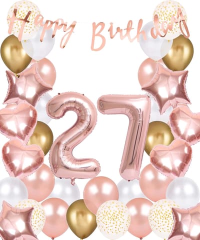 Snoes Ballonnen 27 Jaar Rose Gold White Dots - Compleet Feestpakket met cijfer ballon 27 Jaar - Verjaardag Versiering Slinger Happy Birthday – Folieballon – Latex Ballonnen - Helium Ballonnen - Rose Feestpakket