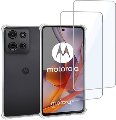 Geschikt voor Motorola Moto G75 5G - Hoesje + 2x Screenprotector – Gehard Glas Cover + Shock Proof Case – Transparant