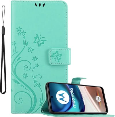 Cadorabo Hoesje geschikt voor Motorola MOTO G42 in BLOEMEN TURKOOIS - Beschermhoes in bloemmotief met magnetische sluiting, standfunctie en kaartsleuven Book Case Cover Etui