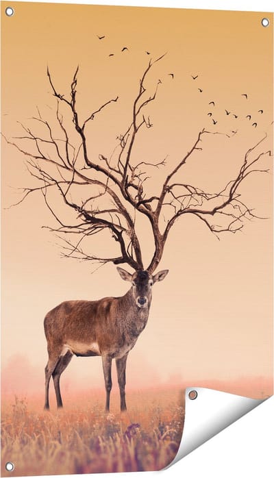 Gards Tuinposter Hert met een Bomen Gewei - 60x90 cm - Tuindoek - Tuindecoratie - Wanddecoratie buiten - Tuinschilderij