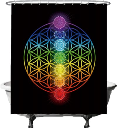 Ulticool Douchegordijn - Chakra Healing Mandala Regenboog Chakra's - 180 x 200 cm - semi Transparant - met 12 Ringen Wit - anti Schimmel - Multi Color