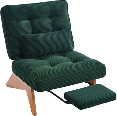 Moderne Corduroy Loungestoel - Donkergroene Relaxstoel Met Voetensteun - 127x73x90cm - Verstelbare Rugleuning - Woonkamer Donkergroen