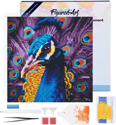 Figured'Art Mini Diamond Painting set Volwassenen 25x25 cm met lijst Gracieuze Pauw - 5D DIY Art full drill ronde diamant - Canvas al ingelijst