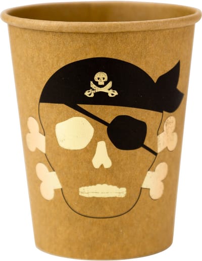 ARTYFETES - 8 kraft papieren piratenbekers en goudfolie 255 ml doodshoofd