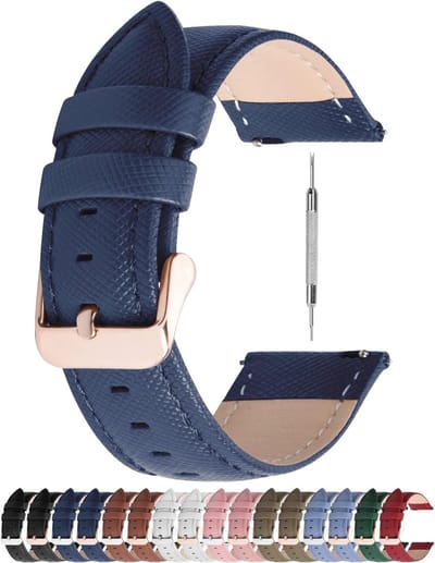 Leren Horlogeband 18mm, Vervangende Armband voor Smartwatch met RVS Sluiting, Donkerblauw en Roségouden Gesp, Lichtgewicht en Duurzaam