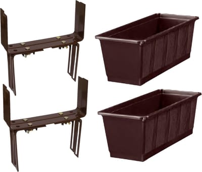 Set van 2 kunststof plantenbakken bruin rechthoekig 60 cm met 4 verstelbare balkon/muurbeugels