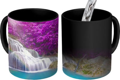 Magische Mok - Foto op Warmte Mokken - Koffiemok - Waterval - Bomen - Regenboog - Paars - Magic Mok - Beker - 350 ML - Theemok