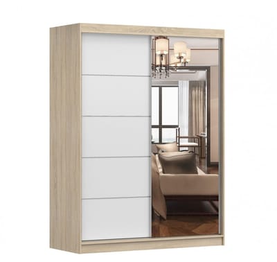 Schuifdeurkast LARA 05 – 2-deurs kledingkast met spiegel, legplanken en kledingroede – modern design – 150x200x61 cm - LARA 05 (Sonoma + Wit)