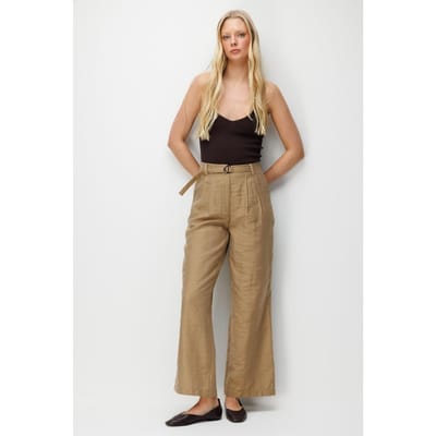 Hoge Taille Geweven Wijde Pijpen Broek met Ceintuur