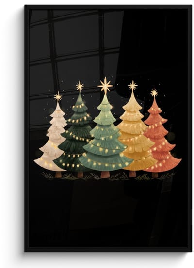 Poster in lijst - Fotolijst 80x120 cm - Posters - Kerstbomen - Kleurrijk - Lichtjes - Ster - Posterlijst zwart - Decoratie - Wanddecoratie woonkamer - Muurdecoratie slaapkamer - Kerstversiering - Kerstdecoratie voor binnen - Kerstmis
