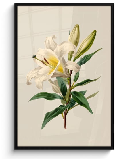 Poster in lijst - Fotolijst 80x120 cm - Posters - Lelie - Elegant - Botanisch - Beige - Posterlijst zwart - Decoratie - Wanddecoratie woonkamer - Muurdecoratie slaapkamer