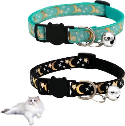 Verstelbare kattenhalsbanden met bel, sterren en maan - Lichtgewicht en minimalistisch design voor kittens en volwassen katten (2 stuks)