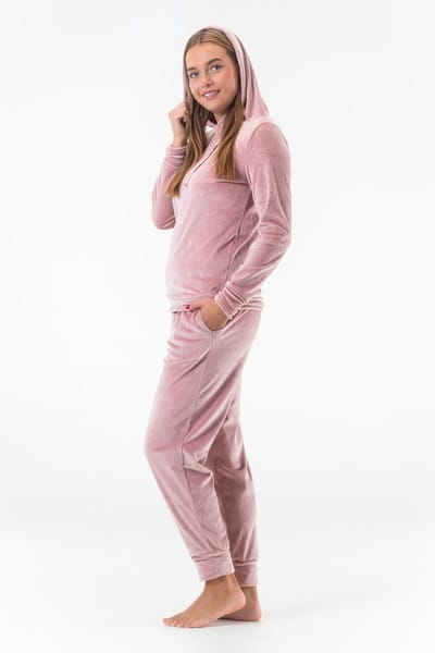 Dames Velours Fluweel Huispak Met Capuchon - Loungeset - Joggingpak - Trainingspak - Loungewear Dames - Dusty Roze - Maat S - 2602