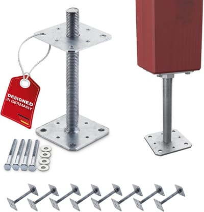 SOTECH set van 8 paaldragers 110 x 110 x 250 mm schroefdraad M24 staal thermisch verzinkt paalvoet in hoogte verstelbare paalhouder om vast te schroeven weerbestendig
