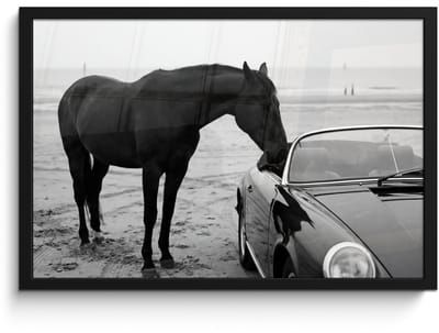 Poster in lijst - Fotolijst 60x40 cm - Posters - Paard - Auto - Zwart - Wit - Posterlijst zwart - Decoratie - Wanddecoratie woonkamer - Muurdecoratie slaapkamer