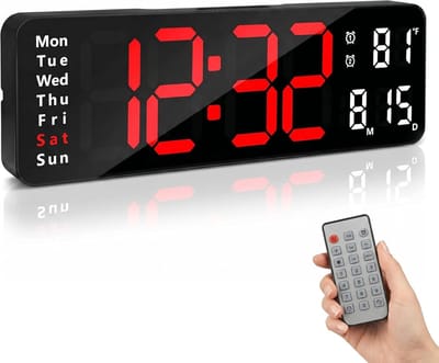 Grote 13-inch LED digitale wandklok met afstandsbediening - modern design, instelbare helderheid - toont tijd, datum en temperatuur - geschikt voor woonkamers, keukens, kantoren en sportscholen - rood