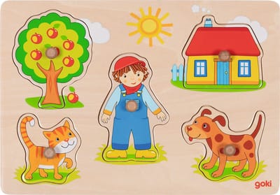 GOKI Steekpuzzel - Kat, Hond, … - 5 Delen - 30X21X2,4Cm - Hout - 1 Jaar