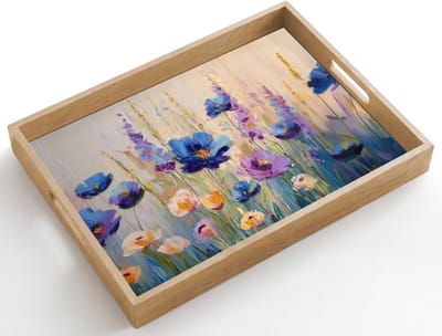 Dienblad hout 50x35 cm - Schootdienblad - Zomers - Wilde bloemen - Penseelstreken - Borrelplank rechthoek - Plateau dienbladen