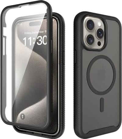 Hoesje met Ingebouwde Screenprotector Geschikt voor Apple iPhone 15 Pro Max - Compatibel met MagSafe / Qi2 - Full Protect - Schokbestendige Beschermhoes - Case Matte Zwart